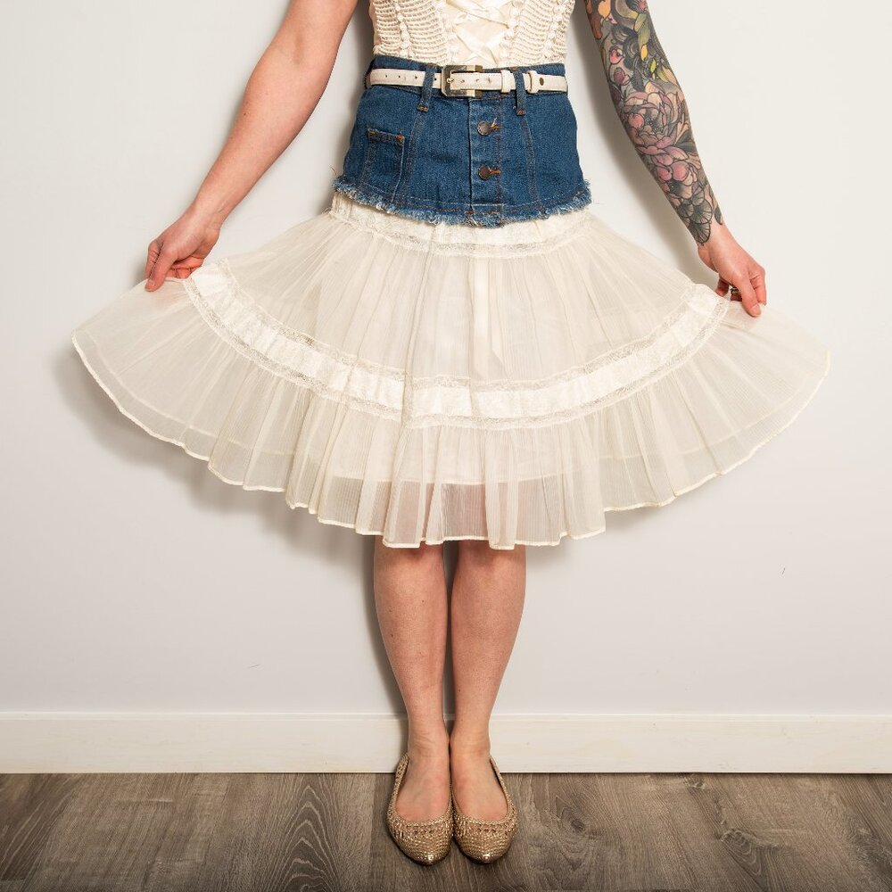 Upcycled Denim & Lace Pleated Midi Skirt